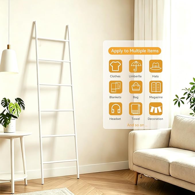 6-Tier Blanket Ladder 68 Inch Wall-Leaning Towel Rack for Living Room and Bedroom, Easy Assembly - White