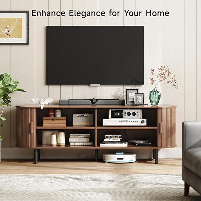 ONBRILL 63" TV Stand with Power Outlet for TVs up to 70 Inch, Entertainment Center with Storage and Adjustable Shelves, Modern Media Console with Sliding Doors for Living Room, Walnut