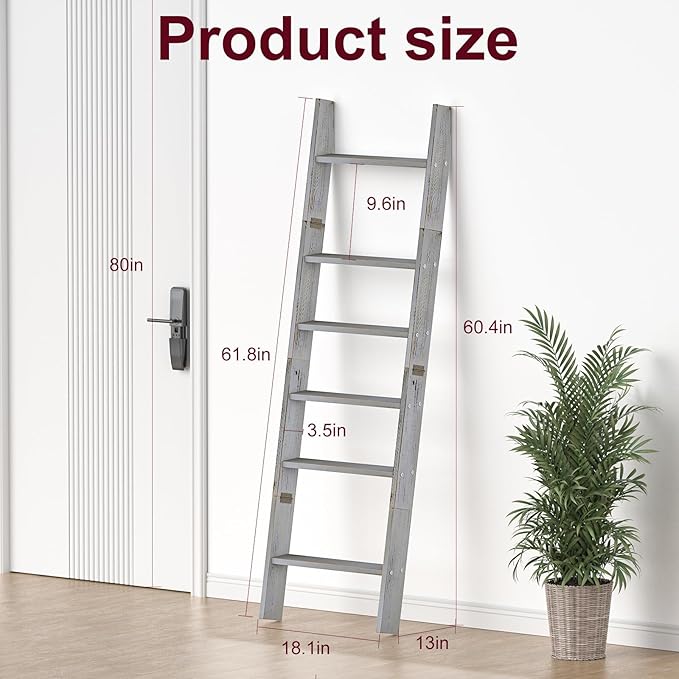 Honest Blanket Ladders for The Living Room, 6-Tier Blanket Holder, Wall-Leaning Blanket Rack, Ladder Shelves, Wooden Quilt Ladder, Farmhouse Decor, Grey