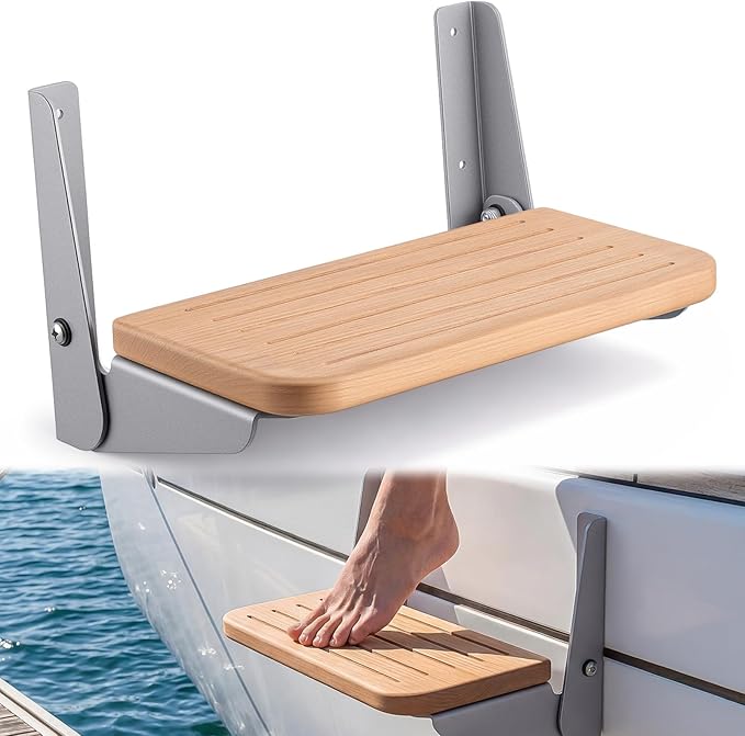 SiliFine 12 x 6.1 x 7.87 Inches Boat Fold up Footrest Foldable Teak Footrest for Boats Helm Wall Mounted Foldable Step Teak and Aluminum Hardware for Boat, Yacht, RV, Home, and More