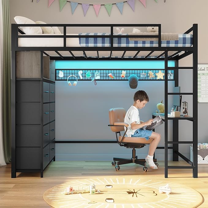 ADORNEVE Twin Size Loft Bed with Desk and 8 Storage Drawers, Metal Loft Bed Twin with LED Lights & Charging Sation, Storage Shelves, 13.1" H Safety Guard & Ladder, No Box Spring Needed, Grey
