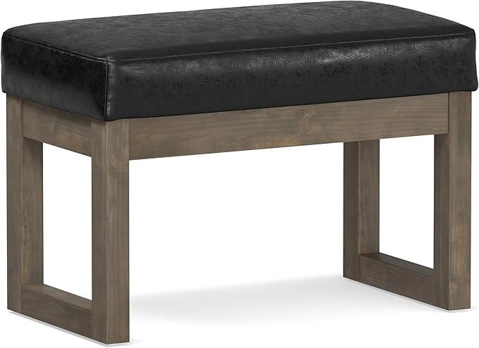 SIMPLIHOME Milltown Small Ottoman Bench - 27" Wide x 18" High Upholstered Vegan Leather Rectangle Footstool Ottoman in Distressed Black, Contemporary Bench for Bedroom with Cushioned Seat, Assembled