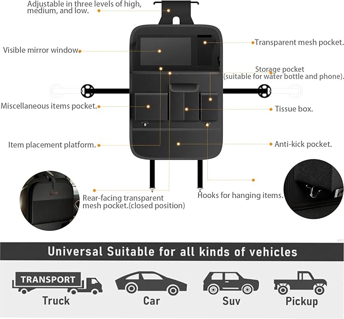 XDV Car Seat Organizers,Multi-functional Back Seat Protectors, Storage Pouches, and Tray Holders (for Cars, Kids, Seat Back and Rear Seats) (Plain Black, 2 Pcs)