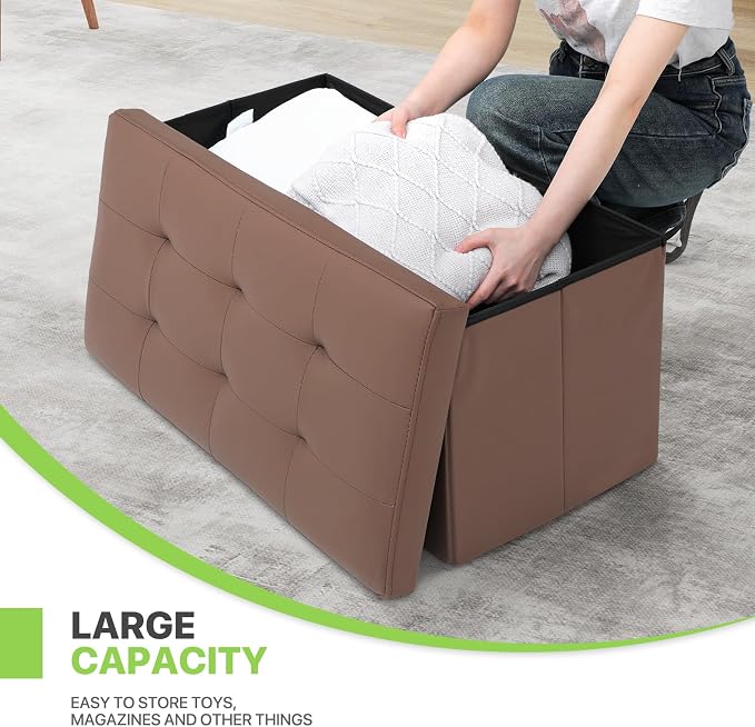 Magshion Folding Storage Ottoman Bench, 15 x 30 x 14.5 Inches PU Leather Ottoman Foot Rest, End of Bed Bench, 90L Storage Chest for Bedroom, Living Room, Entryway, Hallway, Brown