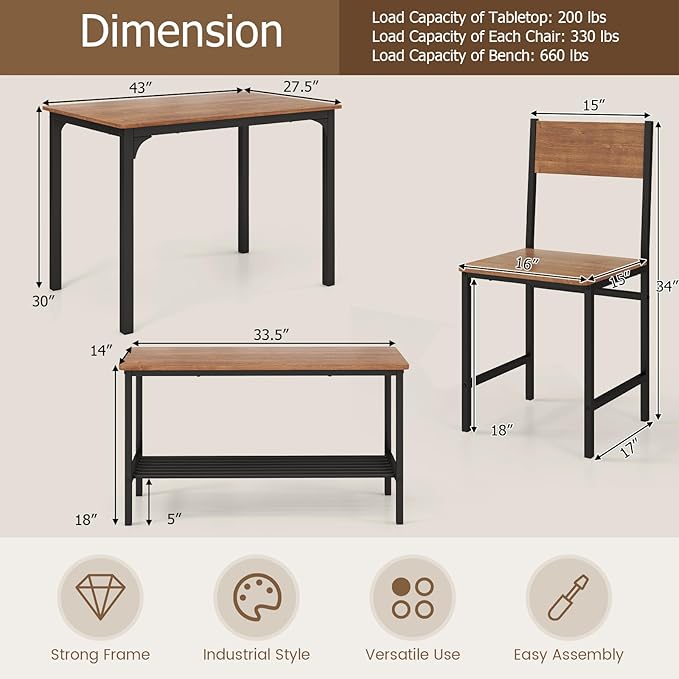 COSTWAY Dining Table Set for 4, Rectangular Kitchen Table Set with Bench and 2 Chairs, Storage Rack & Metal Frame, 4-Piece Dining Room Table and Chairs Set for Small Space, Apartment (Brown)