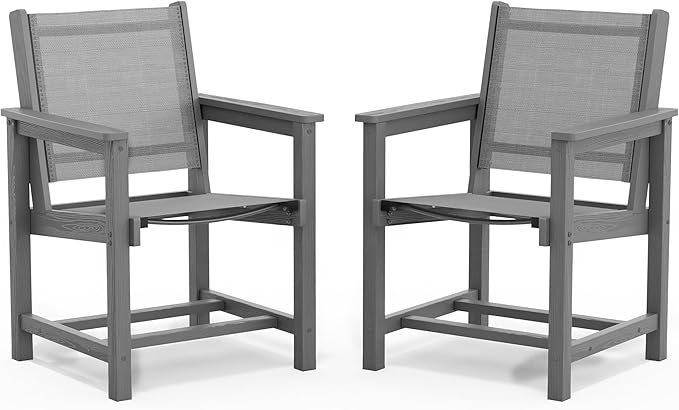 SERWALL Outdoor Dining Chairs Set of 2, All-Weather HDPE Textilene Sling Dining Chair for Backyard, Garden, Gray