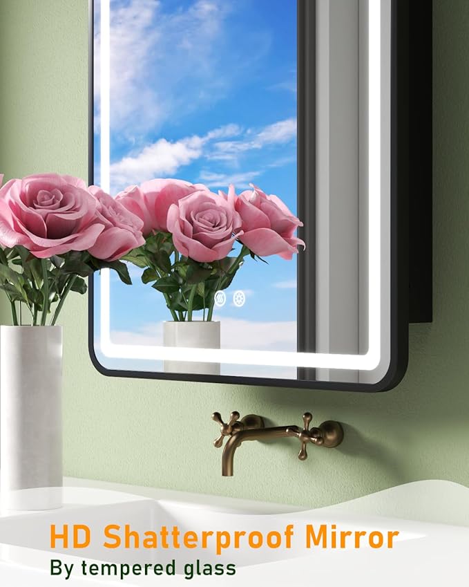 20x30 Inch Lighted Medicine Cabinet with Mirror, LED Bathroom Mirror with Storage Wall Mounted & Recessed Mounted, Anti-Fog, Dimmable 3 Lighting Colors, Memory Function, 3 Shelves & 1 Organizer, Black