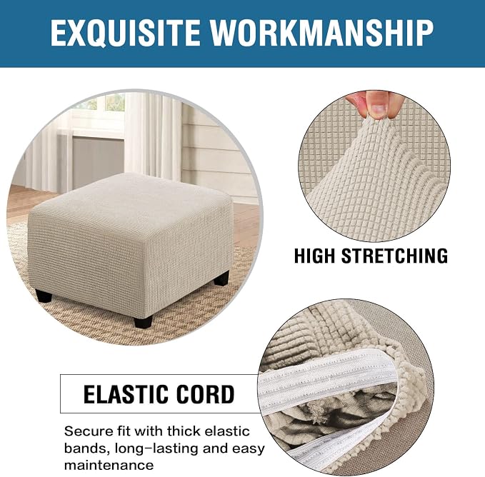 H.VERSAILTEX Square Ottoman Covers Ottoman Slipcovers Folding Storage Stool Furniture Protector Form Fit with Elastic Bottom, Stretch High Spandex Small Checks Jacquard Fabric(Large,Island Fossi)