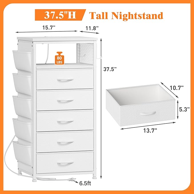 EnHomee Tall Nightstand with 5 Drawers, Night Stand with Charging Station and LED Light, Bedside Table with Extra Side Bag & Hooks, Dorm, Bedroom, Closet, Hallway, Entryway, Save Space, White