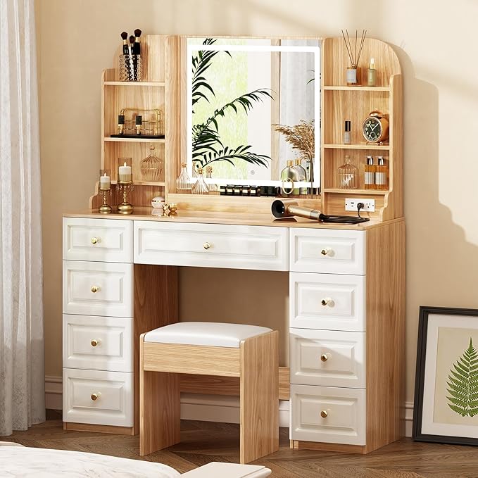 Arulvmrn 43" Makeup Vanity Desk with Mirror and Lights, & Power Outl, Glass Top Big Vanity Table with 9 Drawers& 8 Storage Shelves, Dressing Table Set with Chair for Bedroom, Oak