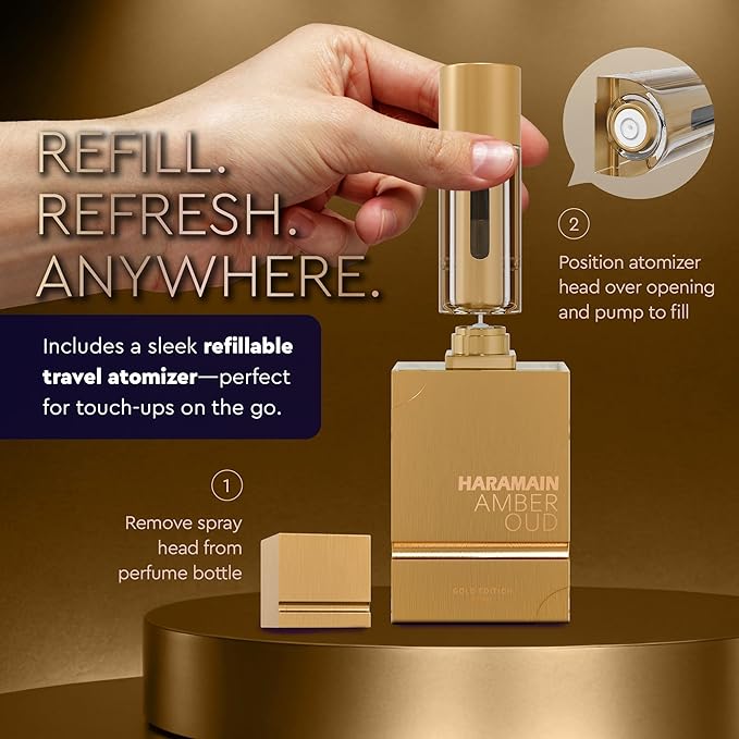 Al Haramain Amber Oud Gold Edition Eau De Parfum Spray 60ml + ATOMIZER – Unisex Perfume Arabian Perfumes for Women & Men – Long-Lasting Sweet Fragrance Arabic Cologne – Men & Women's Gift (2 oz.)