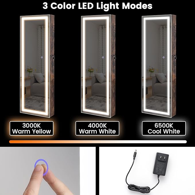 CHARMAID LED Mirror Jewelry Cabinet, 47.2'' Jewelry Armoire with Adjustable Lighted Full Length Mirror, Wall Mounted or Door Hanging, Lockable Jewelry Organizer Storage (Rustic Brown, 47.2''H)