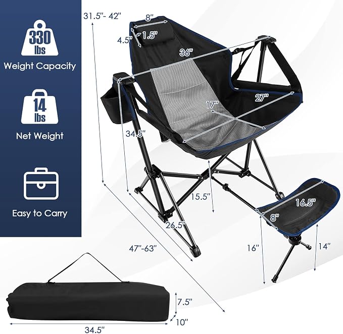 Giantex Outdoor Hammock Camping Chair - Rocking Chair with Removable Footrest, Adjustable Backrest, Pillow, Cup Holder, Storage Bag, Portable Fishing Chair for Poolside Patio Folding Chair (1, Black)