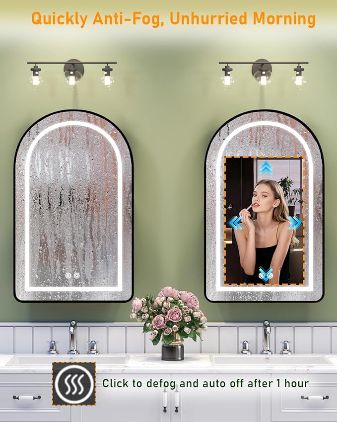 19.7"x31.5" Lighted Medicine Cabinet with Mirror, Arched Bathroom Mirror with Lights and Storage, Memory and Dimmable 3 Color, Anti-Fog, Full Metal Recessed & Surface Mount LED Medicine Cabinets Black