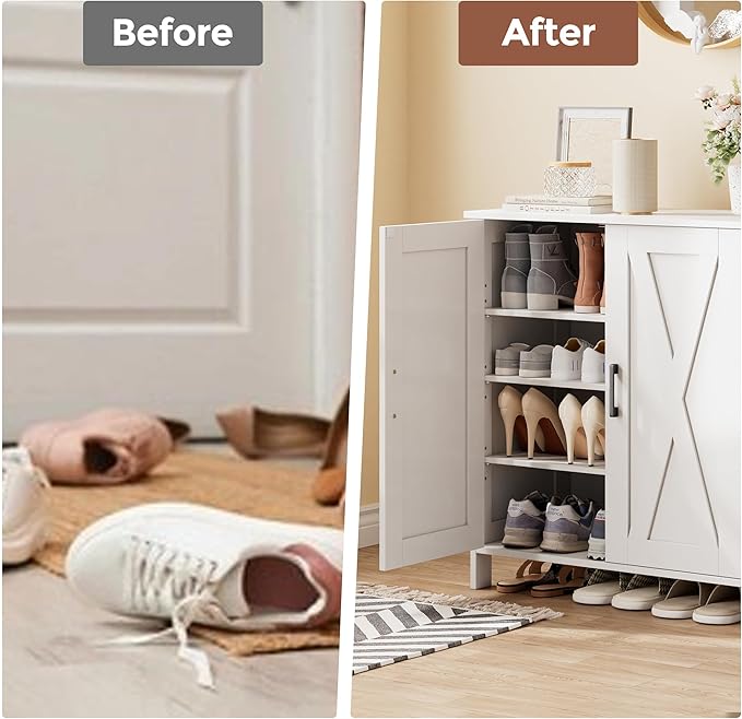 Homleke Farmhouse Shoe Cabinet with 2 Barn Doors & Wood Legs, 5-Tier Shoe Storage Cabinet with 3 Adjustable Shelves, Tall Shoe Rack Organizer for Closet, Shoe Organizer for Entryway, Hallway, White