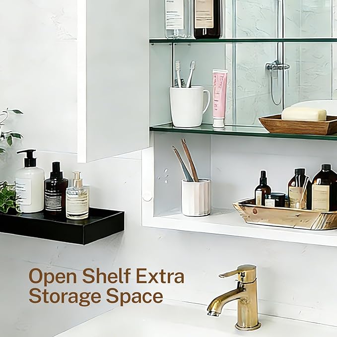 16x26 inch Bathroom Medicine Cabinet with Mirror, Platstic Framed Beveled Edge Mirror Cabinet with Removable Shelves, Extra Storage Space, Recessed or Surface Mount
