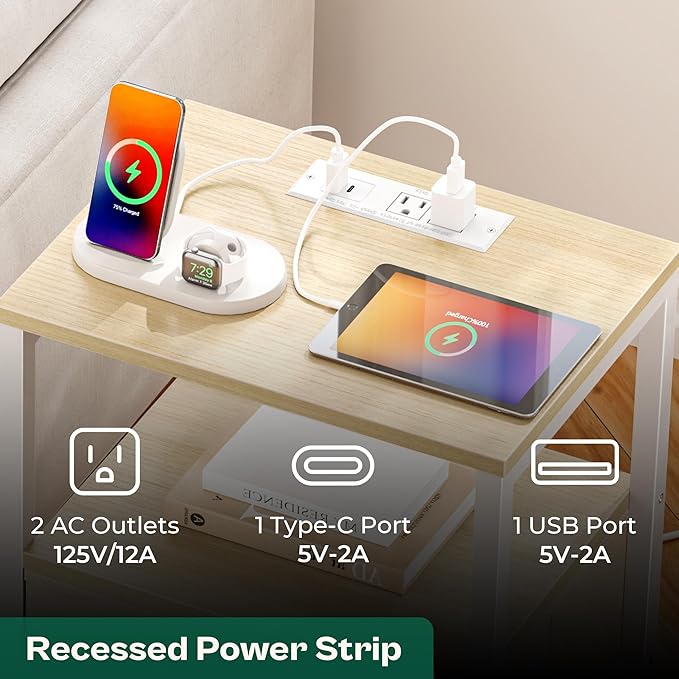 Huuger Nightstand with Charging Station, Side Table with Fabric Drawers, End Table with Open Shelf, Bedside Table with USB Ports and Outlets, Night Stand for Bedroom, White Marple