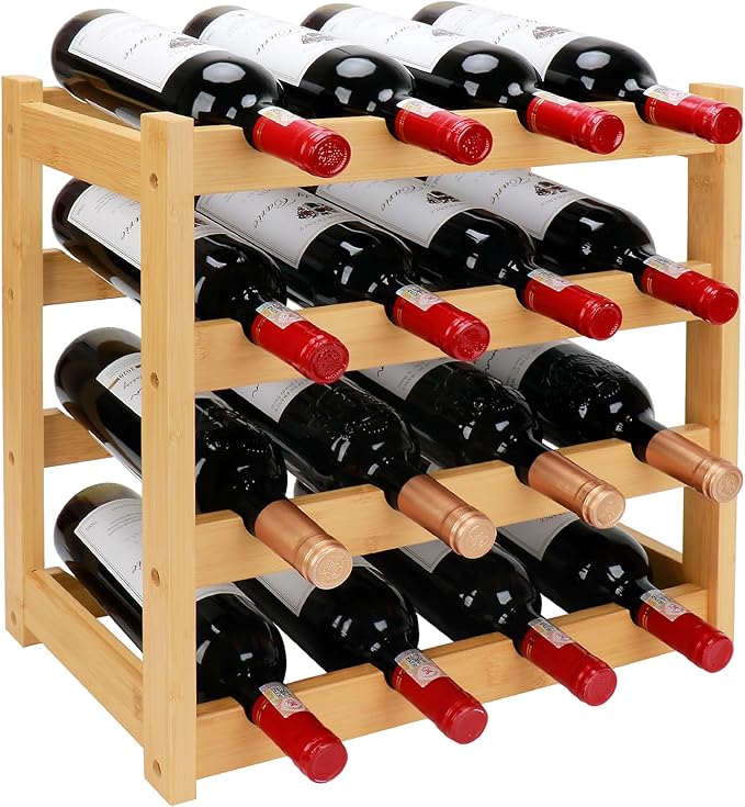 Bamboo Wine Rack, 4-Tier 16 Bottles Wine Storage Cabinet Shelf, Easy-Assembly Freestanding Bamboo Wine Racks Countertop for Kitchen Pantry Dining Room Bar, Natural