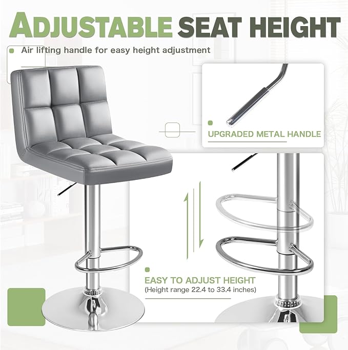 Furmax Bar Stools Modern Pu Leather Swivel Adjustable Hydraulic Bar Stool Square Counter Height Stool Set of 2 (Light Gray)