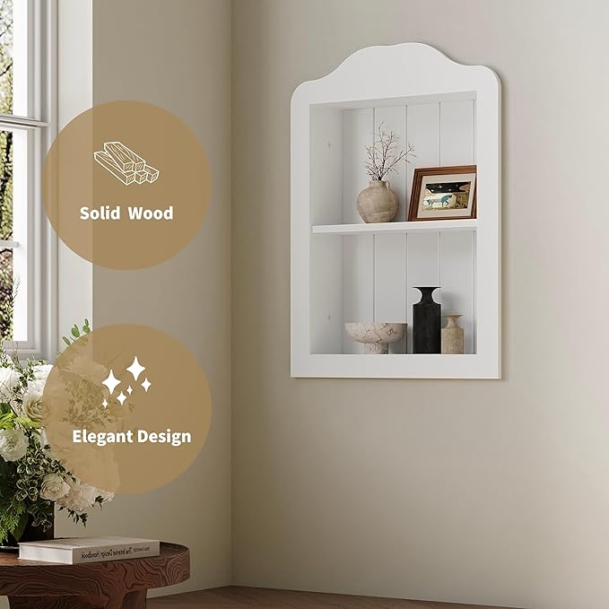 CJL 14'' x 18'' Recessed Medicine Cabinet, Solid Wood in-Wall Bathroom Cabinet, Arched Wall Niche Shelf, 2-Tier, White
