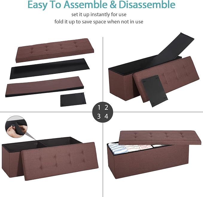 SUPER DEAL 43 Inches Foldable Storage Ottoman Bench - 660 LBS Collapsible Space-Saving Seat, Linen Fabric Foam Padding for Living Room Bedroom Dorm - Easy to Assemble, Brown