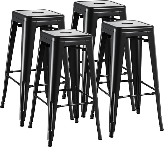 Furmax 30 Inch Metal Bar Stools Set of 4, Counter Height Stools, Industrial Bar Chairs Patio Stool Stackable Stool for Kitchen/Dining Room/Indoor Outdoor(Dark Black, 30'' Backless)