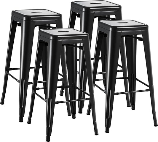 Furmax 30 Inch Metal Bar Stools Set of 4, Counter Height Stools, Industrial Bar Chairs Patio Stool Stackable Stool for Kitchen/Dining Room/Indoor Outdoor(Dark Black, 30'' Backless)