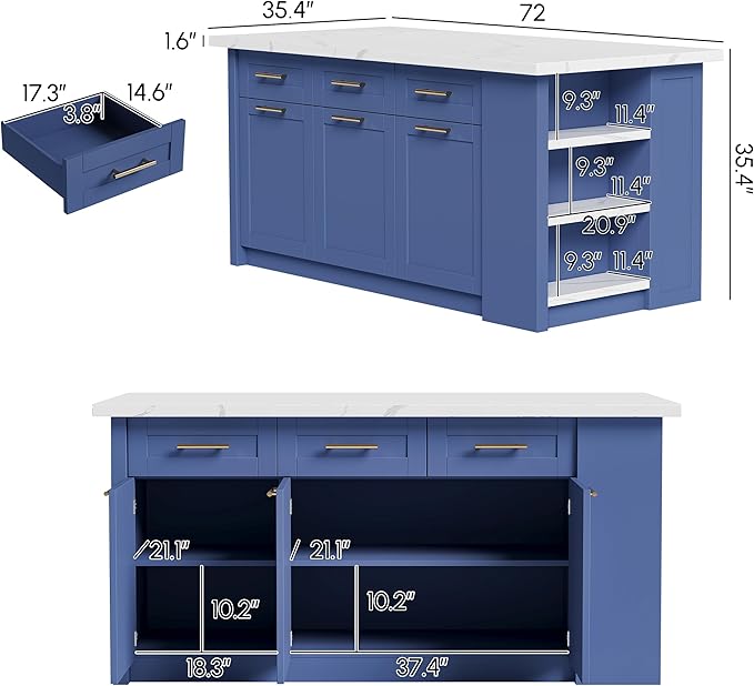 homary 72" Modern Kitchen Island with Storage, White Marble-Effect Engineered Wood Top, Modern Kitchen Table for Dining Room, Blue