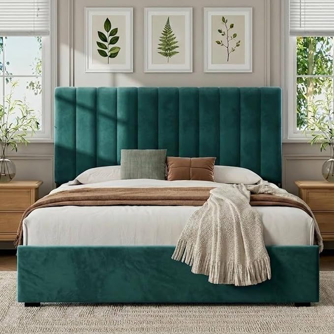 Welzona Full Size Velvet Bed Frame with Headboard, Fully Upholstered Metal Platform Bed with Vertical Channel Tufted Headboard, 3-Level Height, Metal Slat Support, Noise-Free Easy Assembly, Green