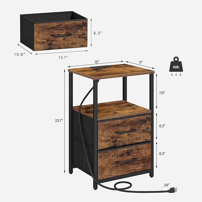 TUTOTAK End Table with Charging Station, Side Table with 2 USB Ports and Outlets, Nightstand with Cloth Drawer, Set of 2, Couch Table, Brown TB01BB052 | with Charging Station