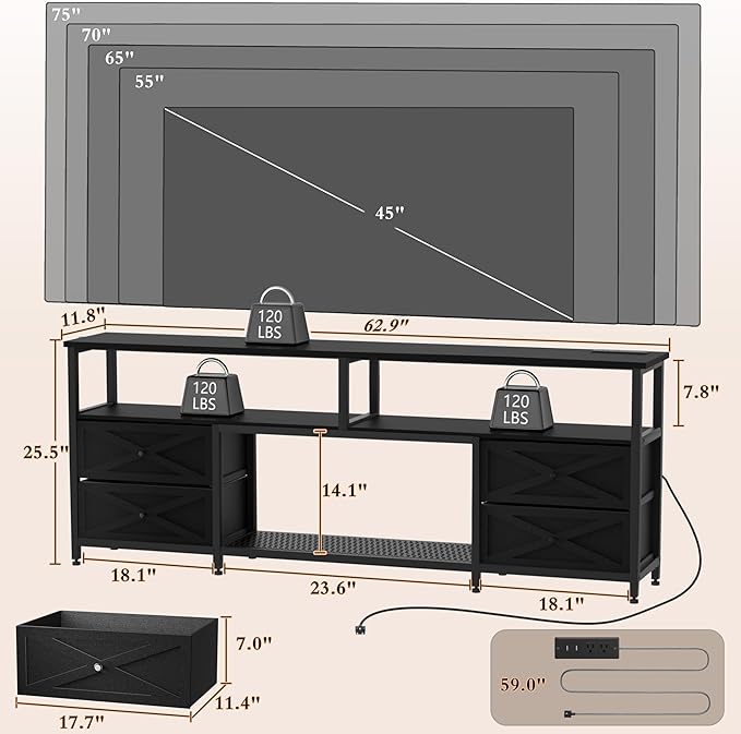 JUSTOGO TV Stand with Fabric Drawers for 65 70 75 Inches TV - Entertainment Center with Open Storage Shelf, Power Outlets & LED Lights for Living Room, Bedroom, 63" TV Console Media Console, Black
