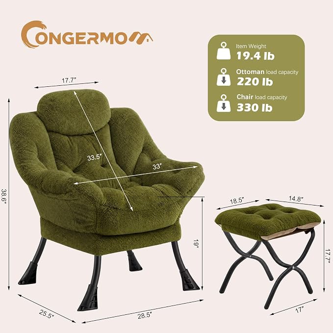 Lazy Chair with Folding Ottoman,Leisure Sofa Chair,Soft Fabric Armchair with Armrests and Side Pockets, Reading Chair with Footrest for Living Room, Bedroom, Office (Plush Green)