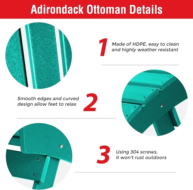 Costaelm Adirondack Chair Footrest, Patio Footstool, Ottoman Outdoor Foot Rest for Patio Waterproof, Adirondack Ottoman Patio Footstool, Turquoise