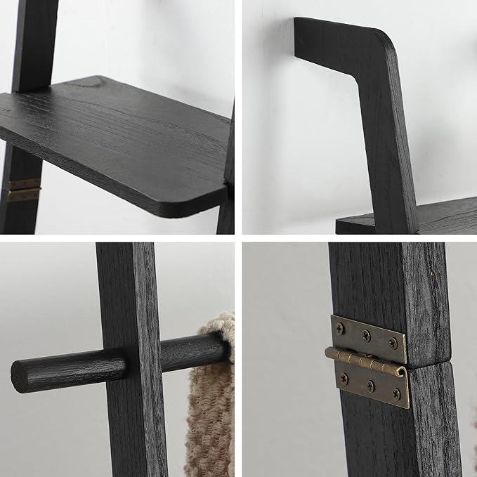 Black Blanket Ladder with Top Shelf for the Living Room - 67in Decorative Wooden Blanket Holder, 5 Tier with Side Hooks for Hanging - Rustic Farmhouse Towel Ladder Throw Rack for Organizer and Display