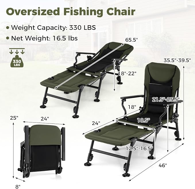Goplus Foldable Fishing Chair for Adults, 2 Pack Heavy Duty All-Terrain Camping Chair with Detachable Footrest, Padded High-Back, Adjustable Feet, Portable Recliner for Outdoor Patio Beach