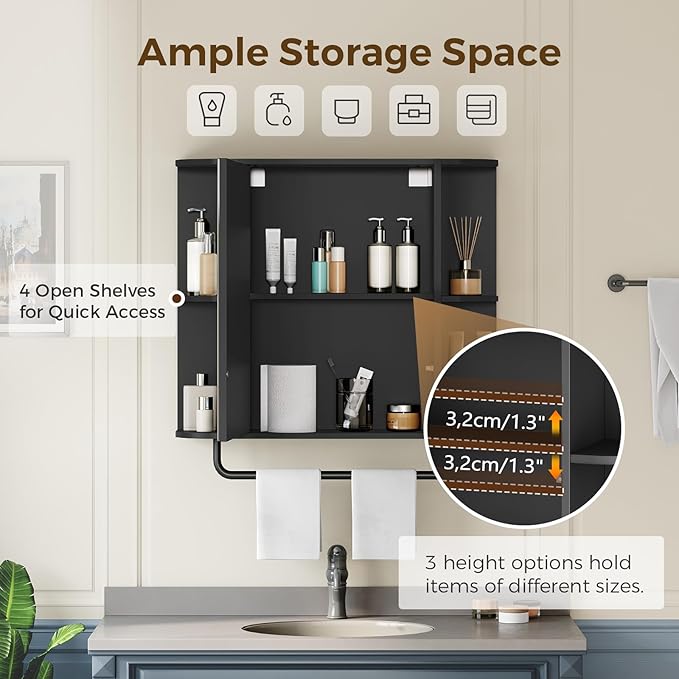 MAHANCRIS Bathroom Wall Cabinet with Mirror, Mirrored Medicine Cabinet with 3 Colors LED Light and 4 Open Shelves, Wall Mounted Storage Cabinets with Adjustable Shelf, 24.7"L x 6.7"W x 26.7"H, Black