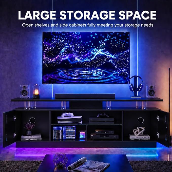 80” High-Glossy TV Stand with 2 Side Cabinets, Storage Entertainment Center, Modern Stylish TV Console with 3 Layer LED Lights&Power Outlets,Remote&APP Control for Living Room Use Black