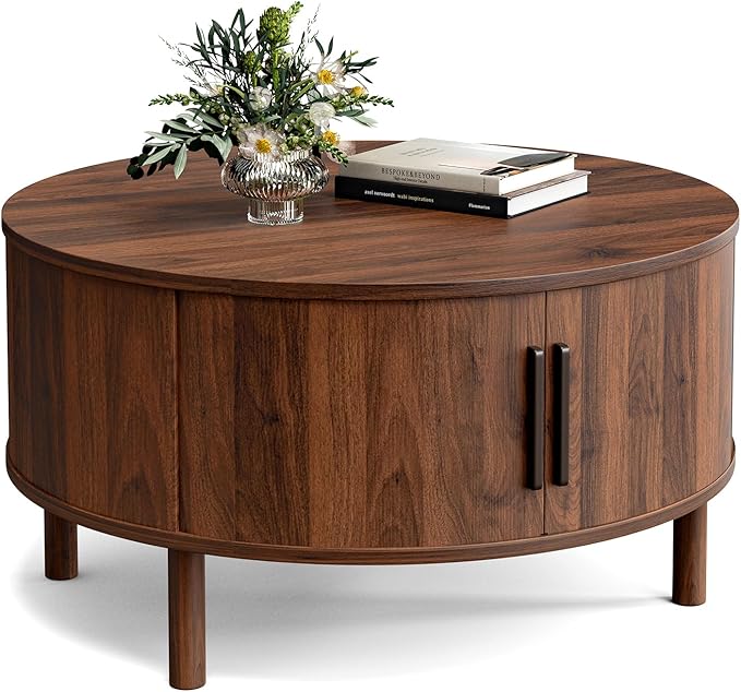 ZttRiee Coffee Table for Living Room, Modern Round Coffee Table with Cabinets & Sliding Doors, Home Small Space, 29.9" Fluted Center Table, Walnut