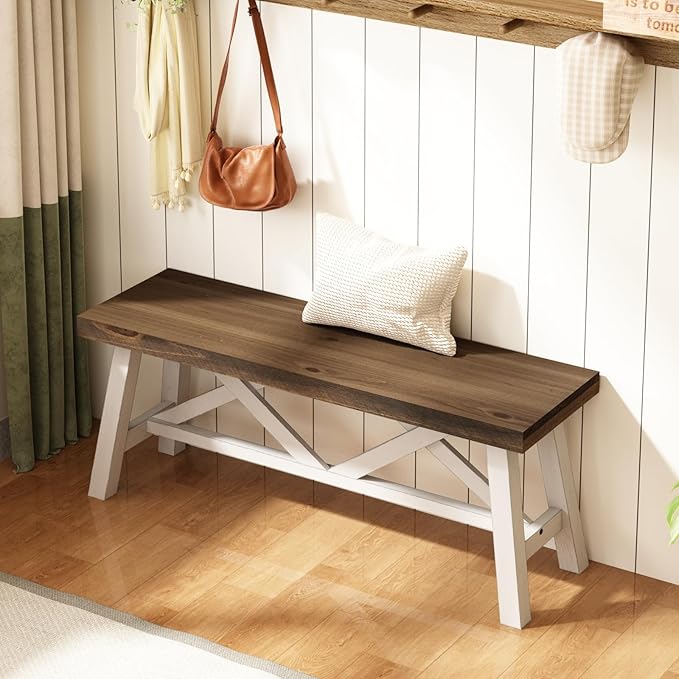 Wnutrees 43" Farmhouse Wood Bench, Rustic Solid Wood Entryway Bench Seat with Double X-Structure for Dining Area Living Room Hallway, Structural Stability, White
