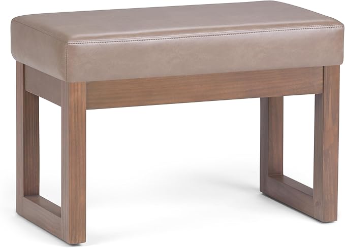 SIMPLIHOME Milltown Small Ottoman Bench - 27" Wide x 18" High Upholstered Vegan Leather Rectangle Footstool Ottoman in Ash Blonde, Contemporary Bench for Living Room with Cushioned Seat, Assembled