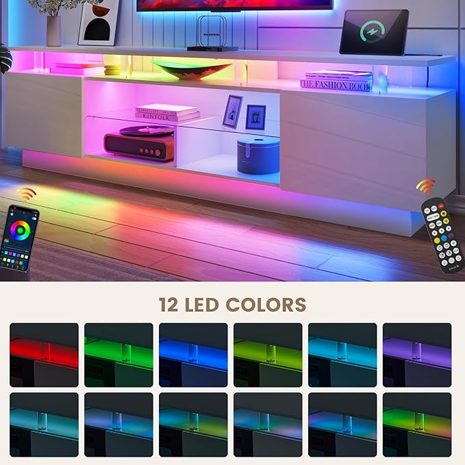 80” High-Glossy TV Stand with 2 Side Cabinets, Storage Entertainment Center, Modern Stylish TV Console with 3 Layer LED Lights&Power Outlets,Remote&APP Control for Living Room Use White