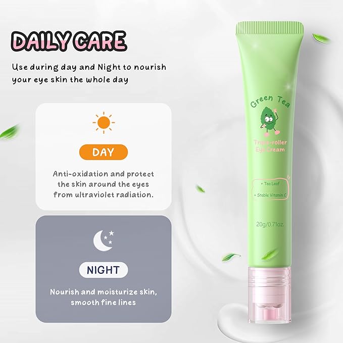 Green Tea Eye Roller Cream, Under Eye Moisturizer For Puffiness, Fine Lines and Bags, Green Tea Extract + Coffee Extract, Skin Care Eyes Repair Gel Hydrating & Cooling Formula, 0.71oz