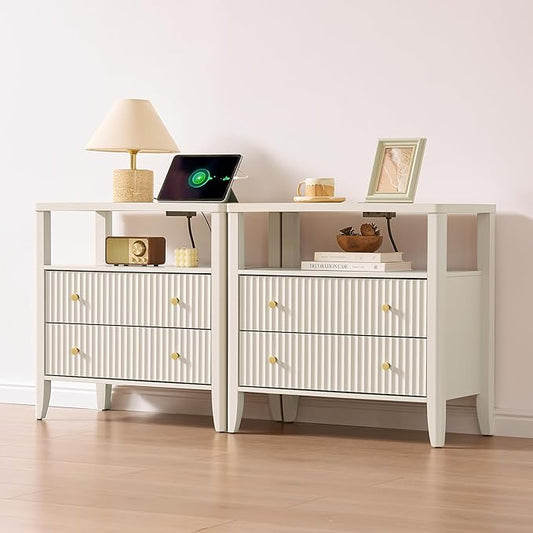Fluted Nightstand with Charging Station Set of 2, 27.3" Wide Modern Bedside Table with 2 Drawers & Open Shelf, Large Wood End Table with Storage & Metal Handle for Bedroom, Living Room, Cream White
