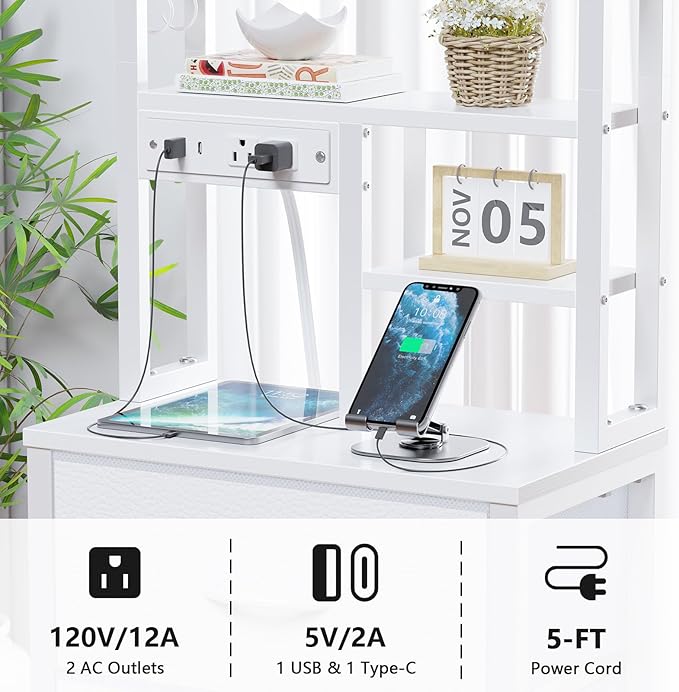 Furnulem Tall Night Stand, 52.1 Inch LED Nightstand with Charging Station and USB Ports, 4 PVC Fabric Drawers and 4 Tier Storage Shelf, Bedside Table for Bedroom, Dorm, Office (White)
