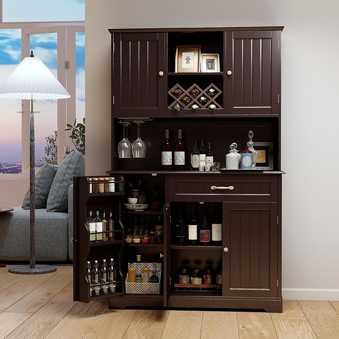 Gizoon Kitchen Hutch Cabinet Kitchen Hutch Storage Cabinet Tall Pantry Coffee Bar with Storage for Dining Room and Craft Room, Painted Dark Brown