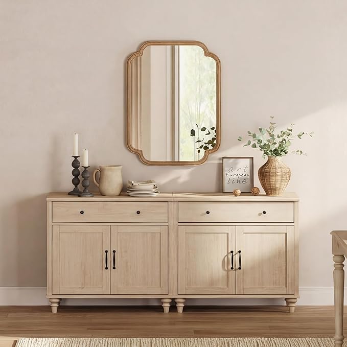 WAMPAT Buffet Cabinet with 4 Doors and 2 Drawers, Large Coffee Bar Table Wood Kitchen Storage Cabinets with Storage Cabinets, Modern Farmhouse Sideboard Credenza for Dining Room, Beige, 68 inch