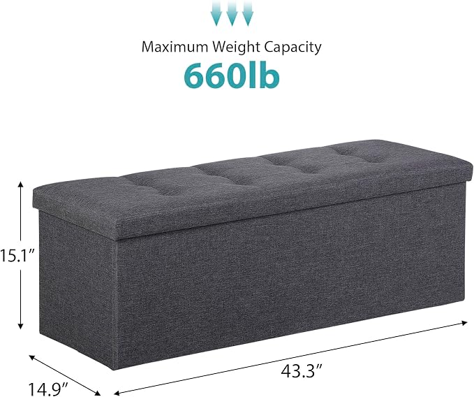 ZENY 43.3 inches Folding Storage Ottoman Bench Storage Chest Footrest with Foam Padded Seat, Great for Bedroom, Entryway and Living Room, Holds up to 660 lb, Dark Gray