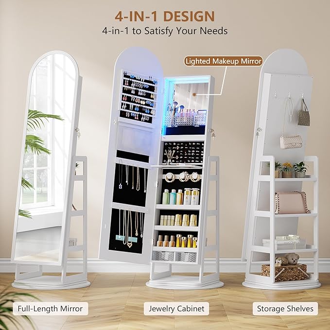 HWB Arched Mirror Jewelry Cabinet with Storage, LED Jewelry Armoire w/Full Length Mirror & 360° Swivel, Standing Jewelry Holder Organizer with Rear Storage Shelves & Hooks, Lockable - White