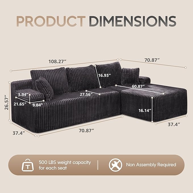 Hobestluk Modular Sectional Sofa Boneless Couch L-Shape Couch 3 Seat Modular Couch Memory Foam Sectional Couches for Living Room Furniture, Cloud Couch with Oversized Chaise (108" Right Facing Chaise)