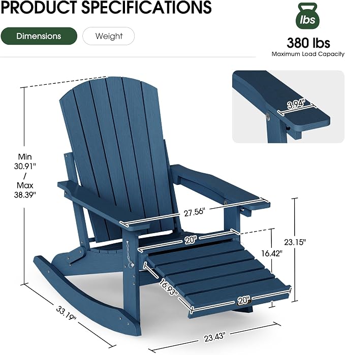 Adjustable Adirondack Rocking Chair with Retractable Ottoman Footrest, 4-in-1 Foldable HDPE Outdoor Rocker, Weather Resistant Adirondack Chair for Porch, Garden & Poolside, Navy Blue